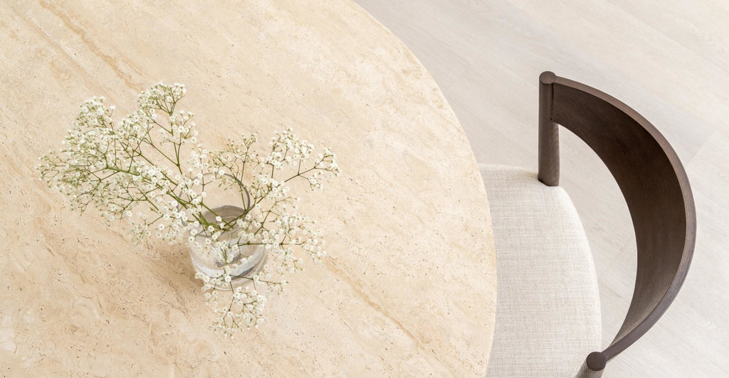 TATHRA 125 TABLE - SMOKED OAK & TRAVERTINE - THE LOOM COLLECTION